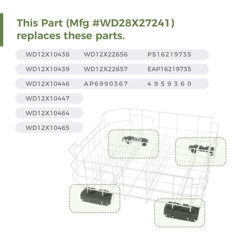 GREALTH طقم عجلات رف غسالة الأطباق WD28X27241 (4 قطع) متوافق مع عجلات الرف السفلي لغسالات أطباق جنرال إلكتريك، يناسب الجانبين الأيمن والأيسر. بديل مطابق تمامًا للأرقام التالية: WD12X28078، WD12X10438، WD12X10439، WD12X10446 - Image 3